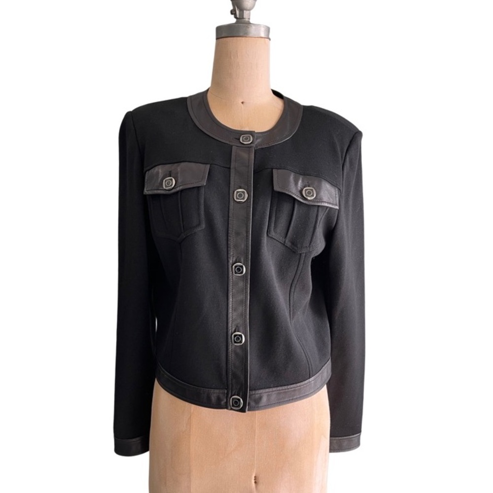 St. John Black and Gray Jacket with luxurious leather trim made in USA